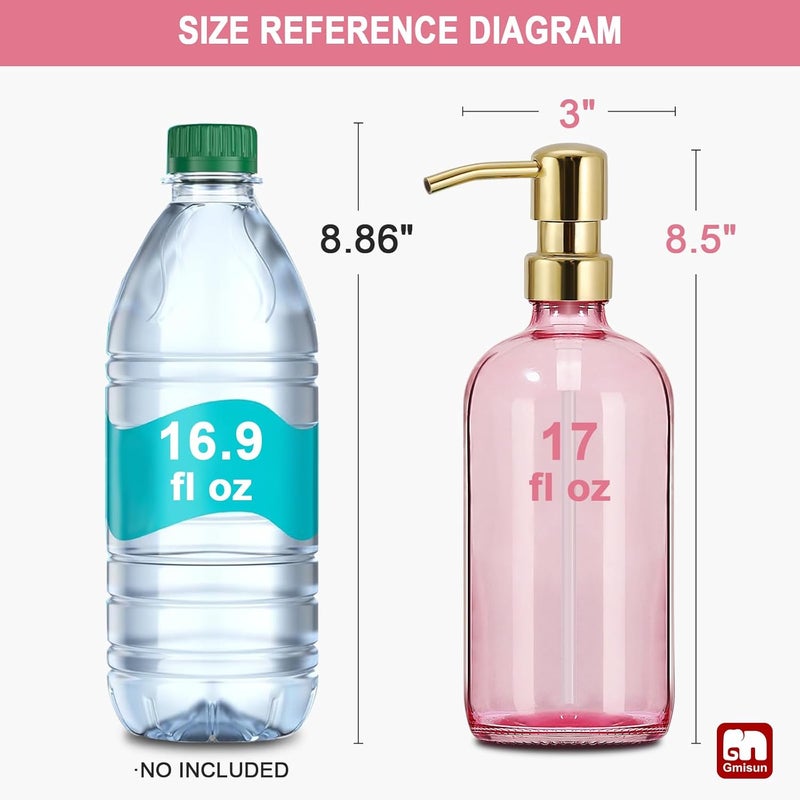 Gmisun Pink Soap Dispenser Bathroom, 2 Pack Kitchen Hand and Dish Soap Dispensers Set, 17 Fl Oz Pink Glass Soap Dispenser with Gold Pump, Refillable Modern Farmhouse Liquid Soap Pump Bottles - Image 2